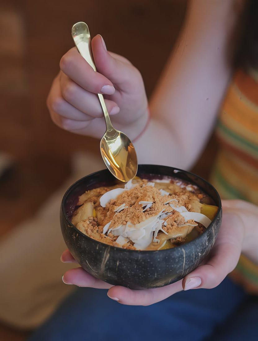 Açaí bowl en cuenco de coco con cuchara dorada